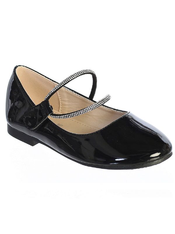 Tip Top Kids Girl Black Patent Rhinestone Strap Mary Jane Flats 9 Toddler-5 Kids - SophiasStyle.com